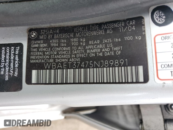 2005 BMW 3 Series 325i with VIN WBAET37475NJ89891, listed as a Copart auction lot 47882295 with 171,271 mi miles and Salvage Title. Bid and sale history available at carsss.com. Image 14.