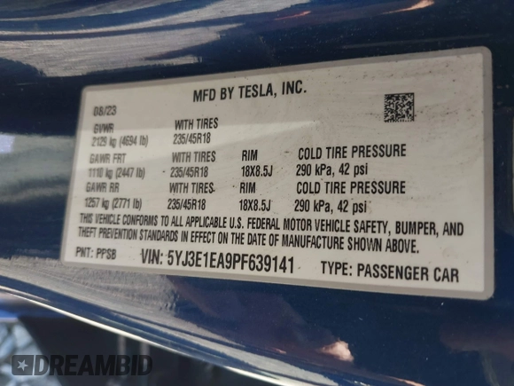 2023 Tesla Model 3 z VIN 5YJ3E1EA9PF639141, wystawiony jako IAAI lot #42167773 z przebiegiem 57 459 mil mil oraz . Historia ofert i sprzedaży dostępna na DreamBid. Obrazek 9.
