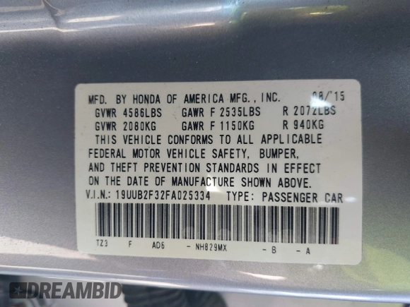 2015 Acura TLX V6 with VIN 19UUB2F32FA025334, listed as a IAAI auction lot 42099075 with 107,409 mi miles. Bid and sale history available at carsss.com. Image 9.