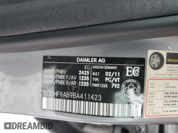 2011 Mercedes-Benz E 550 Luxury with VIN WDDHF9AB9BA411423, listed as a Copart auction lot 49166345 with 190,658 mi miles and Clean title. Bid and sale history available at DreamBid. Image 12.