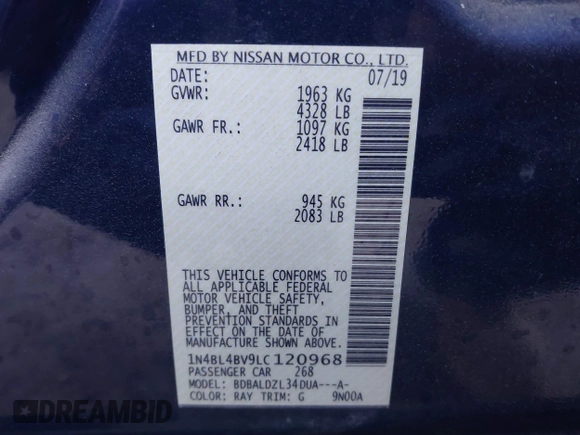 2020 Nissan Altima 2.5 S with VIN 1N4BL4BV9LC120968, listed as a IAAI auction lot 41810275 with 115,670 mi miles. Bid and sale history available at carsss.com. Image 9.