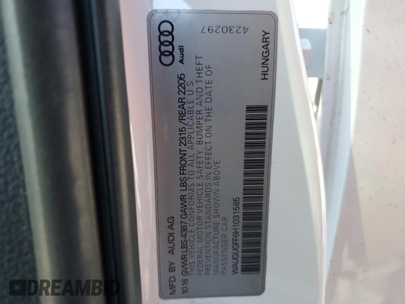 2017 Audi A3 Sedan Premium Plus with VIN WAUGUGFF6H1031585, listed as a Copart auction lot 66361714 with 95,818 mi miles and Salvage Title. Bid and sale history available at carsss.com. Image 14.