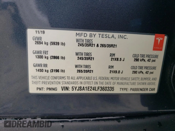 2020 Tesla Model S Long Range with VIN 5YJSA1E24LF360335, listed as a Copart auction lot 57947265 with 50,672 mi miles and Clean title. Bid and sale history available at DreamBid. Image 12.