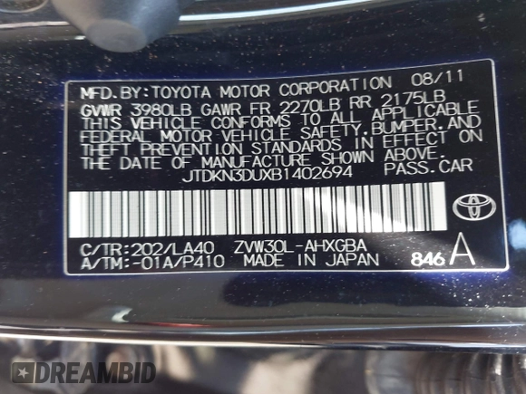 2011 Toyota Prius I with VIN JTDKN3DUXB1402694, listed as a IAAI auction lot 42130976 with 233,963 mi miles and . Bid and sale history available at DreamBid. Image 9.