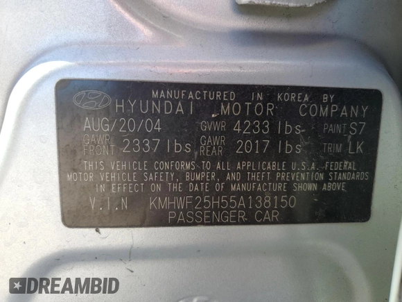 2005 Hyundai Sonata GL with VIN KMHWF25H55A138150, listed as a Copart auction lot 50718395 with 150,638 mi miles and Salvage Title. Bid and sale history available at carsss.com. Image 14.