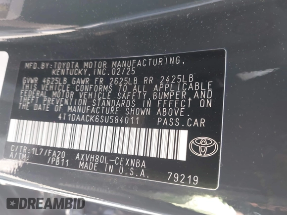 2025 Toyota Camry LE with VIN 4T1DAACK6SU584011, listed as a IAAI auction lot 42119086 with 7,229 mi miles and . Bid and sale history available at DreamBid. Image 9.