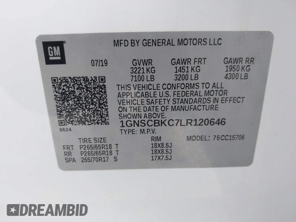 2020 Chevrolet Tahoe LT с VIN 1GNSCBKC7LR120646, выставлен на аукционе IAAI как лот 41710368 с пробегом 53 372 миль миль и . История ставок и продаж доступна на DreamBid. Изображение 9.