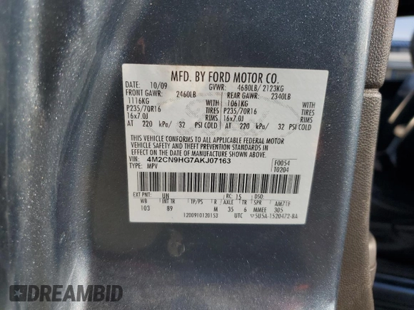 2010 Mercury Mariner Premier with VIN 4M2CN9HG7AKJ07163, listed as a Copart auction lot 62384925 with 113,591 mi miles and Salvage title. Bid and sale history available at DreamBid. Image 12.