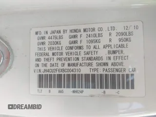 2011 Acura TSX with VIN JH4CU2F6XBC004310, listed as a IAAI auction lot 42410553 with 260,048 mi miles and . Bid and sale history available at DreamBid. Image 9.