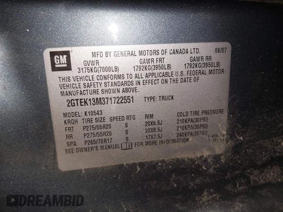 2007 GMC Sierra 1500 SLE1 с VIN 2GTEK13M371722551, выставлен на аукционе IAAI как лот 41767637 с пробегом 247 648 миль миль и . История ставок и продаж доступна на DreamBid. Изображение 9.