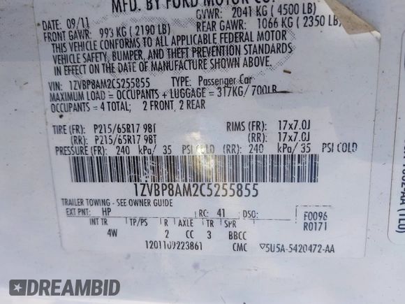 2012 Ford Mustang Premium with VIN 1ZVBP8AM2C5255855, listed as a IAAI auction lot 41812764 with 242,676 mi miles and . Bid and sale history available at DreamBid. Image 9.