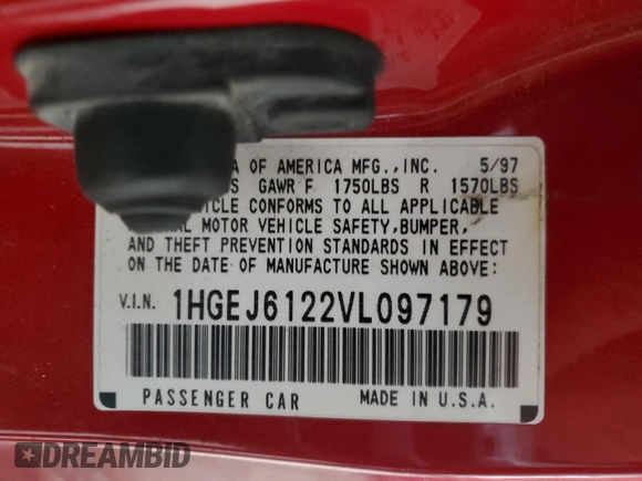 1997 Honda Civic DX with VIN 1HGEJ6122VL097179, listed as a Copart auction lot 45279655 with 180,744 mi miles and Salvage Title. Bid and sale history available at carsss.com. Image 12.