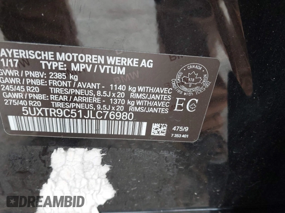 2018 BMW X3 xDrive30i with VIN 5UXTR9C51JLC76980, listed as a IAAI auction lot 42002369 with Not Provided miles and . Bid and sale history available at DreamBid. Image 9.