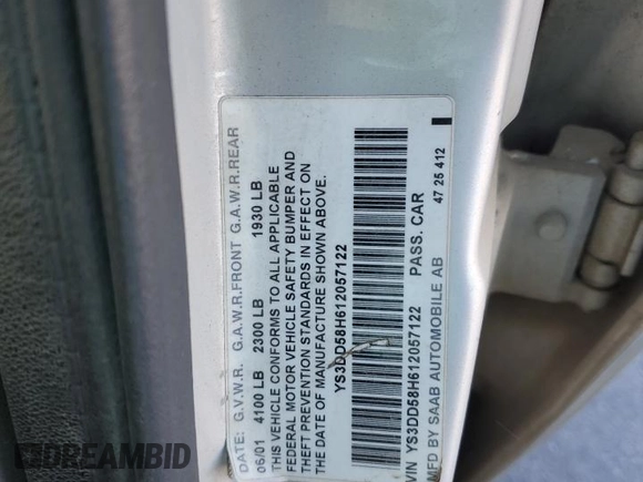 2001 Saab 9-3 with VIN YS3DD58H612057122, listed as a Copart auction lot 84796504 with 121,510 mi miles and Salvage Title. Bid and sale history available at carsss.com. Image 15.