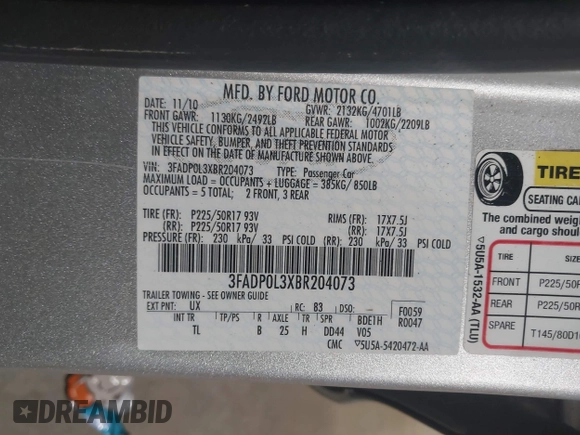 2011 Ford Fusion Hybrid with VIN 3FADP0L3XBR204073, listed as a IAAI auction lot 42570053 with 179,821 mi miles and . Bid and sale history available at DreamBid. Image 9.