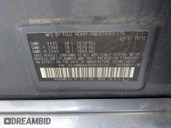 2013 Subaru Legacy 2.5i with VIN 4S3BMBA63D3020176, listed as a IAAI auction lot 41754658 with Not Provided miles and . Bid and sale history available at DreamBid. Image 9.