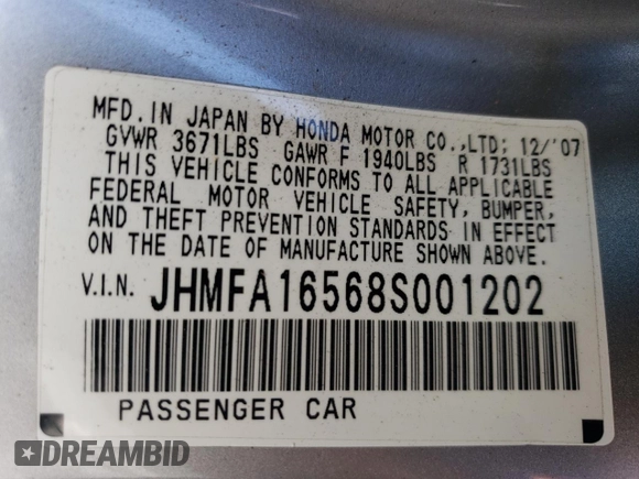 2008 Honda Civic LX with VIN JHMFA16568S001202, listed as a Copart auction lot 54562225 with 117,344 mi miles and Salvage Title. Bid and sale history available at DreamBid. Image 13.