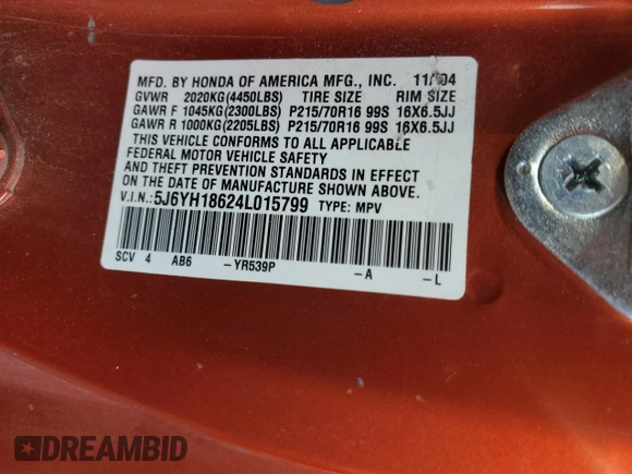 2004 Honda Element EX with VIN 5J6YH18624L015799, listed as a Copart auction lot 43416725 with 135,995 mi miles and Salvage Title. Bid and sale history available at DreamBid. Image 13.