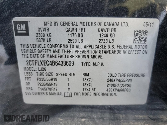 2011 GMC Terrain SLT-2 with VIN 2CTFLXEC4B6438659, listed as a Copart auction lot 44599775 with 206,169 mi miles and Salvage Title. Bid and sale history available at DreamBid. Image 12.