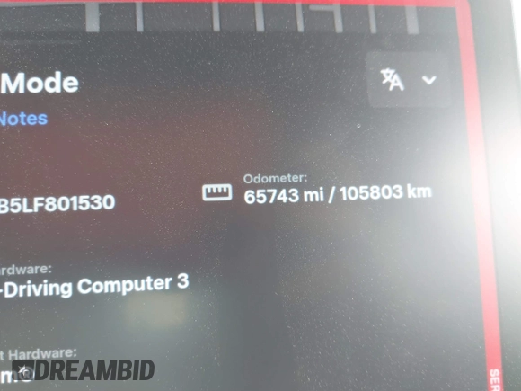 2020 Tesla Model 3 Long Range with VIN 5YJ3E1EB5LF801530, listed as a IAAI auction lot 41682050 with 65,743 mi miles. Bid and sale history available at carsss.com. Image 7.