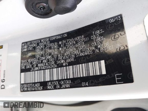 2013 Lexus GX 460 with VIN JTJBM7FX4D5062436, listed as a IAAI auction lot 41468127 with 132,267 mi miles and . Bid and sale history available at DreamBid. Image 9.