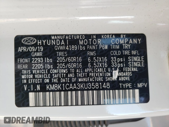 2019 Hyundai Kona SE with VIN KM8K1CAA3KU358148, listed as a Copart auction lot 57460732 with 63,256 mi miles. Bid and sale history available at carsss.com. Image 10.