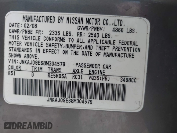 2008 Infiniti EX Journey with VIN JNKAJ09E68M304579, listed as a IAAI auction lot 41372913 with 160,930 mi miles and . Bid and sale history available at DreamBid. Image 9.