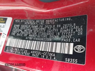 2012 Toyota Camry L with VIN 4T1BF1FK5CU623306, listed as a IAAI auction lot 42082488 with 214,546 mi miles. Bid and sale history available at carsss.com. Image 9.