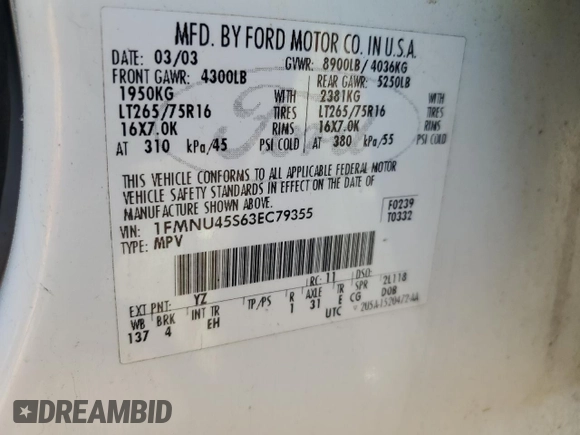 2003 Ford Excursion Eddie Bauer with VIN 1FMNU45S63EC79355, listed as a Copart auction lot 63306015 with Not provided miles and Salvage title. Bid and sale history available at DreamBid. Image 12.
