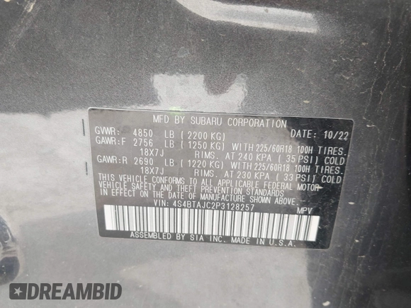 2023 Subaru Outback Onyx with VIN 4S4BTAJC2P3128257, listed as a IAAI auction lot 41943620 with 102,957 mi miles and . Bid and sale history available at DreamBid. Image 9.