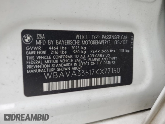 2007 BMW 3 Series 328i with VIN WBAVA33517KX77150, listed as a Copart auction lot 51464385 with 114,650 mi miles and Salvage Title. Bid and sale history available at carsss.com. Image 12.