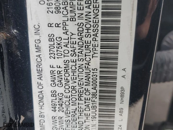 2020 Acura TLX with VIN 19UUB1F38LA000315, listed as a Copart auction lot 51463535 with 78,932 mi miles and Salvage Title. Bid and sale history available at carsss.com. Image 14.