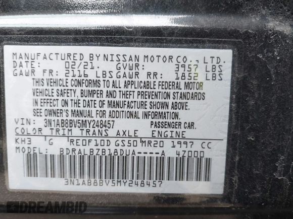 2021 Nissan Sentra S with VIN 3N1AB8BV5MY248457, listed as a IAAI auction lot 41802164 with 92,128 mi miles and . Bid and sale history available at DreamBid. Image 9.