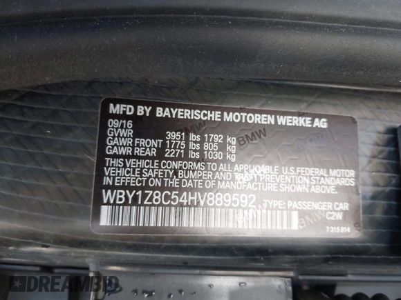 2017 BMW i3 z VIN WBY1Z8C54HV889592, wystawiony jako IAAI lot #41820029 z przebiegiem 50 530 mil mil oraz . Historia ofert i sprzedaży dostępna na DreamBid. Obrazek 9.