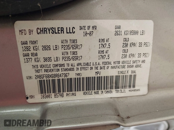 2008 Chrysler Pacifica Touring with VIN 2A8GF68X68R647367, listed as a IAAI auction lot 41463069 with 205,451 mi miles and . Bid and sale history available at DreamBid. Image 9.