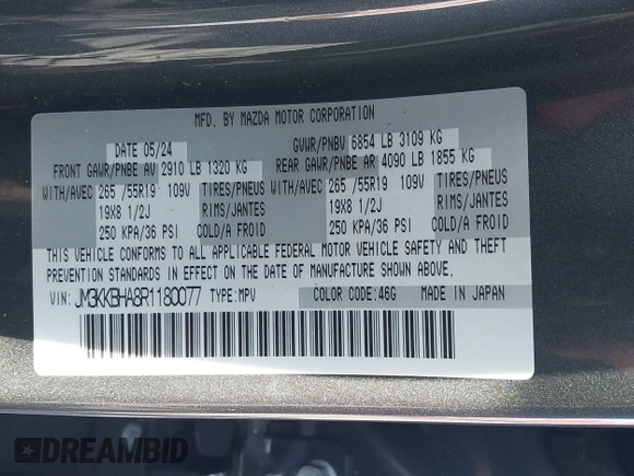 2024 Mazda CX-90 Preferred z VIN JM3KKBHA8R1180077, wystawiony jako IAAI lot #41774717 z przebiegiem 10 992 mil mil oraz . Historia ofert i sprzedaży dostępna na DreamBid. Obrazek 9.
