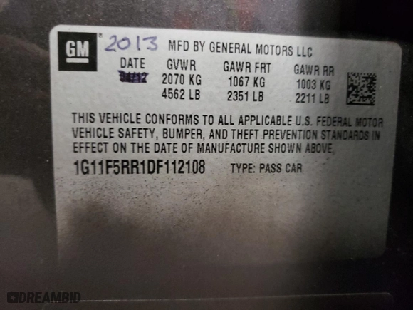 2013 Chevrolet Malibu ECO with VIN 1G11F5RR1DF112108, listed as a Copart auction lot 78876834 with 221,446 mi miles and Salvage Title. Bid and sale history available at carsss.com. Image 12.
