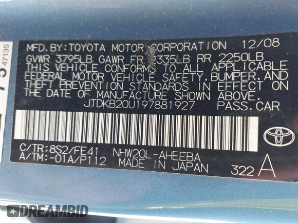 2009 Toyota Prius with VIN JTDKB20U197881927, listed as a IAAI auction lot 42088042 with 232,429 mi miles. Bid and sale history available at carsss.com. Image 9.