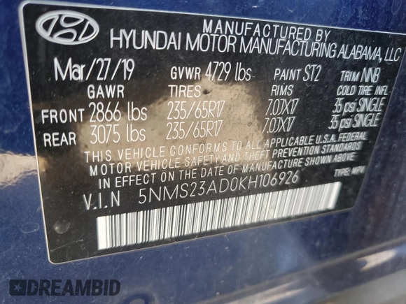 2019 Hyundai Santa Fe SE with VIN 5NMS23AD0KH106926, listed as a Copart auction lot 52453835 with 95,465 mi miles and Salvage Title. Bid and sale history available at carsss.com. Image 13.
