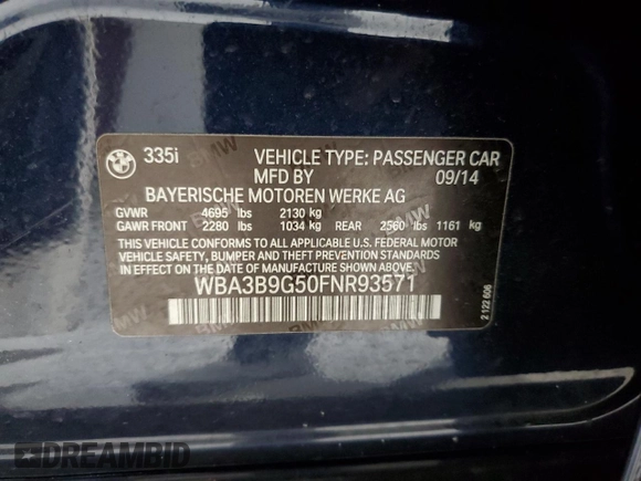 2015 BMW 3 Series 335i xDrive with VIN WBA3B9G50FNR93571, listed as a Copart auction lot 50958435 with 91,689 mi miles and Salvage Title. Bid and sale history available at carsss.com. Image 12.