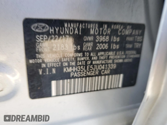 2018 Hyundai Elantra with VIN KMHH35LE5JU041339, listed as a Copart auction lot 51628805 with 121,376 mi miles and Salvage title. Bid and sale history available at DreamBid. Image 14.