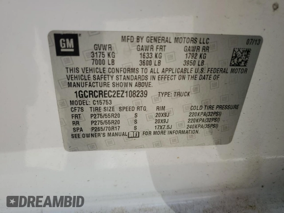 2014 Chevrolet Silverado 1500 LT with VIN 1GCRCREC2EZ108239, listed as a Copart auction lot 48923345 with 201,351 mi miles and Clean Title. Bid and sale history available at DreamBid. Image 12.