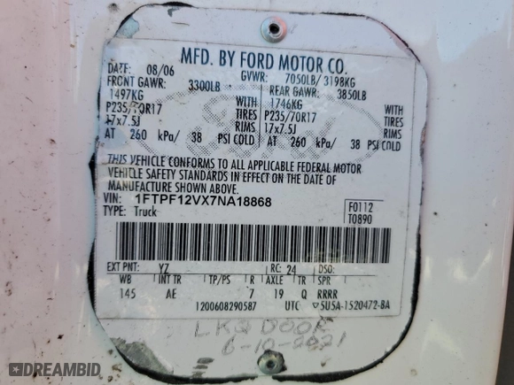 2007 Ford F-150 XL with VIN 1FTPF12VX7NA18868, listed as a Copart auction lot 85930704 with 88,546 mi miles and Salvage Title. Bid and sale history available at carsss.com. Image 12.