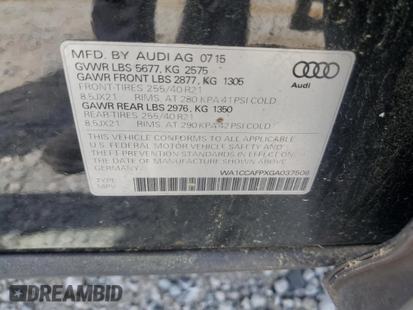 2016 Audi SQ5 Premium Plus with VIN WA1CCAFPXGA037506, listed as a Copart auction lot 53239525 with 86,616 mi miles and Salvage title. Bid and sale history available at DreamBid. Image 14.