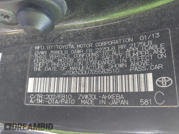 2013 Toyota Prius One with VIN JTDKN3DU7D5583510, listed as a IAAI auction lot 42200686 with 151,561 mi miles. Bid and sale history available at carsss.com. Image 9.