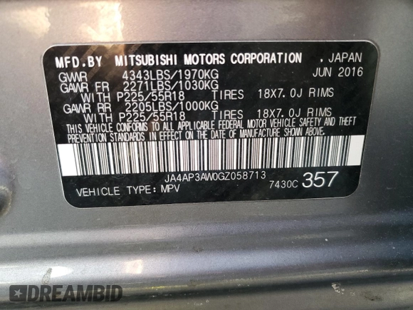 2016 Mitsubishi Outlander Sport 2.4 SE with VIN JA4AP3AW0GZ058713, listed as a Copart auction lot 41772605 with 84,357 mi miles and Salvage Title. Bid and sale history available at carsss.com. Image 15.
