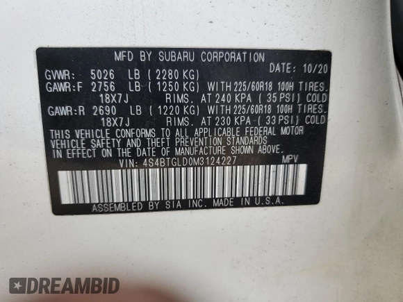 2021 Subaru Outback Onyx XT with VIN 4S4BTGLD0M3124227, listed as a Copart auction lot 65682645 with 72,663 mi miles and Salvage title. Bid and sale history available at DreamBid. Image 14.