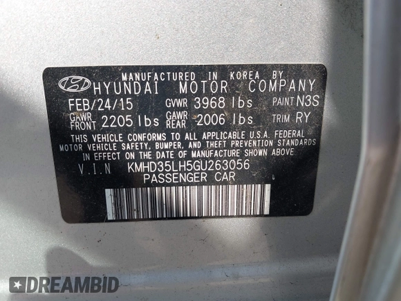 2016 Hyundai Elantra with VIN KMHD35LH5GU263056, listed as a IAAI auction lot 42322807 with 109,859 mi miles and . Bid and sale history available at DreamBid. Image 9.