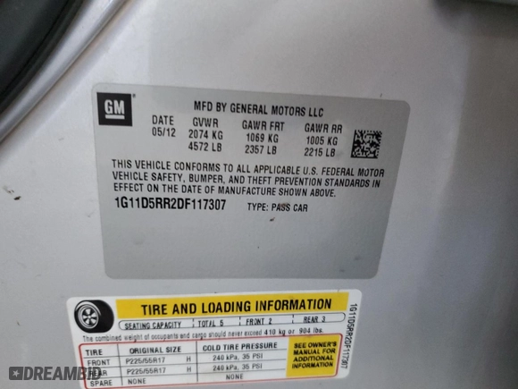 2013 Chevrolet Malibu ECO with VIN 1G11D5RR2DF117307, listed as a Copart auction lot 45459375 with 150,777 mi miles and Salvage Title. Bid and sale history available at carsss.com. Image 14.