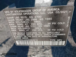 2021 Volkswagen Atlas 3.6L V6 SE w/Technology with VIN 1V2KR2CA6MC564513, listed as a IAAI auction lot 41582367 with 39,337 mi miles. Bid and sale history available at carsss.com. Image 9.
